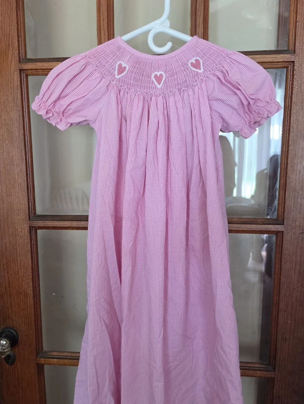 DELANEY Girls Size 6 Pink Gingham Smocked Bishop Dress Heart Embroidery Boutique